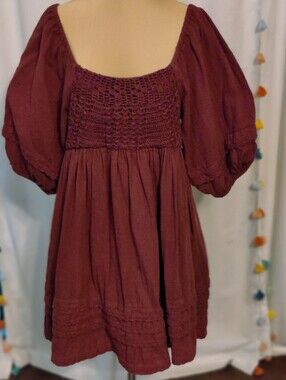 Uncle Frank Merlot Super Pouf Mini Dress macrame Huge sleeves All Cotton  SM
